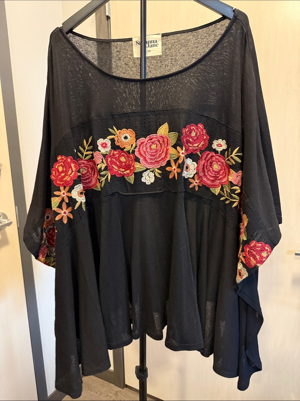 Savanna Jane Black Tunic with Pink & Red Floral Embroidery